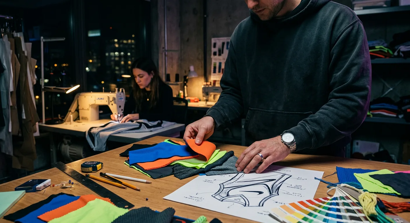 KAVOX studio at night with a designer sewing a jersey prototype among fabric racks