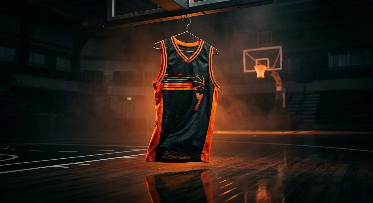 Black and orange basketball jersey on a hanger in a dark indoor court