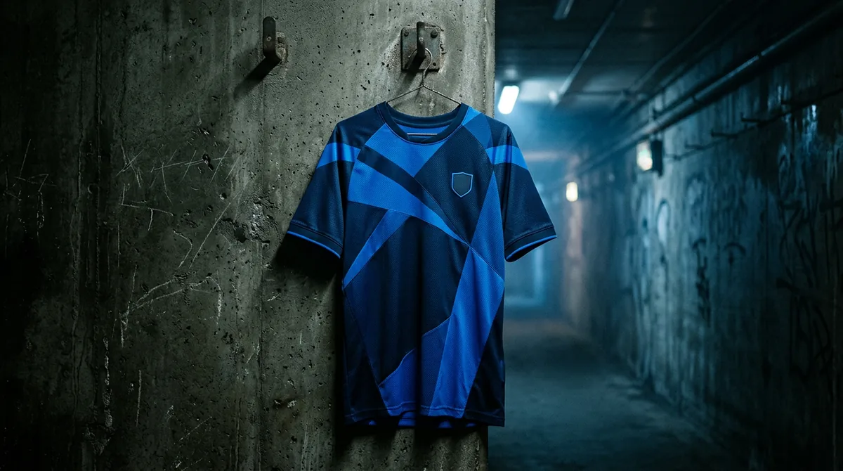 Navy and electric blue football jersey hanging in a dark stadium tunnel