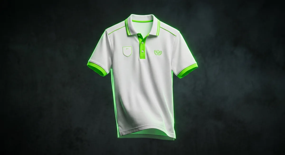 White and neon green tennis polo floating against a dark background