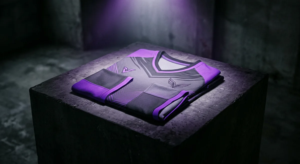 Graphite and purple volleyball jersey folded on a concrete plinth under a spotlight