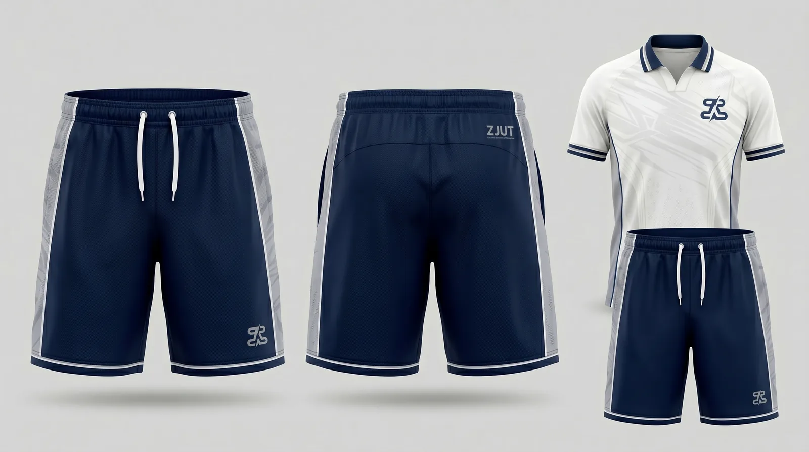 ZJUT tennis kit: navy match shorts with grey side panels shown front and back, and a white polo jersey with navy collar and crest
